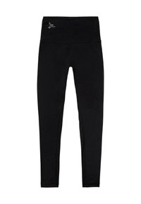 Mustat legginssit joustavasta, vartalonmyötäisestä kankaasta. Niissä on korkea vyötärö, jossa on pieni heijastava logo lähellä yläosaa.