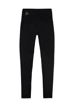 Sorte leggings lavet af strækbart, tætsiddende stof. De har en høj talje med et lille, reflekterende logo nær toppen.