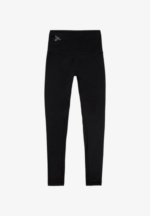 Leggings neri realizzati in tessuto elastico e aderente. Presentano un alto elastico in vita con un piccolo logo riflettente vicino alla parte superiore.