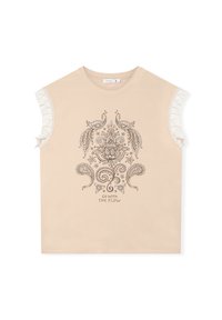 T-shirt in cotone beige con un design centrale floreale e di uccelli in marrone scuro, con dettagli in pizzo sulle spalle. Maniche corte, vestibilità ampia.