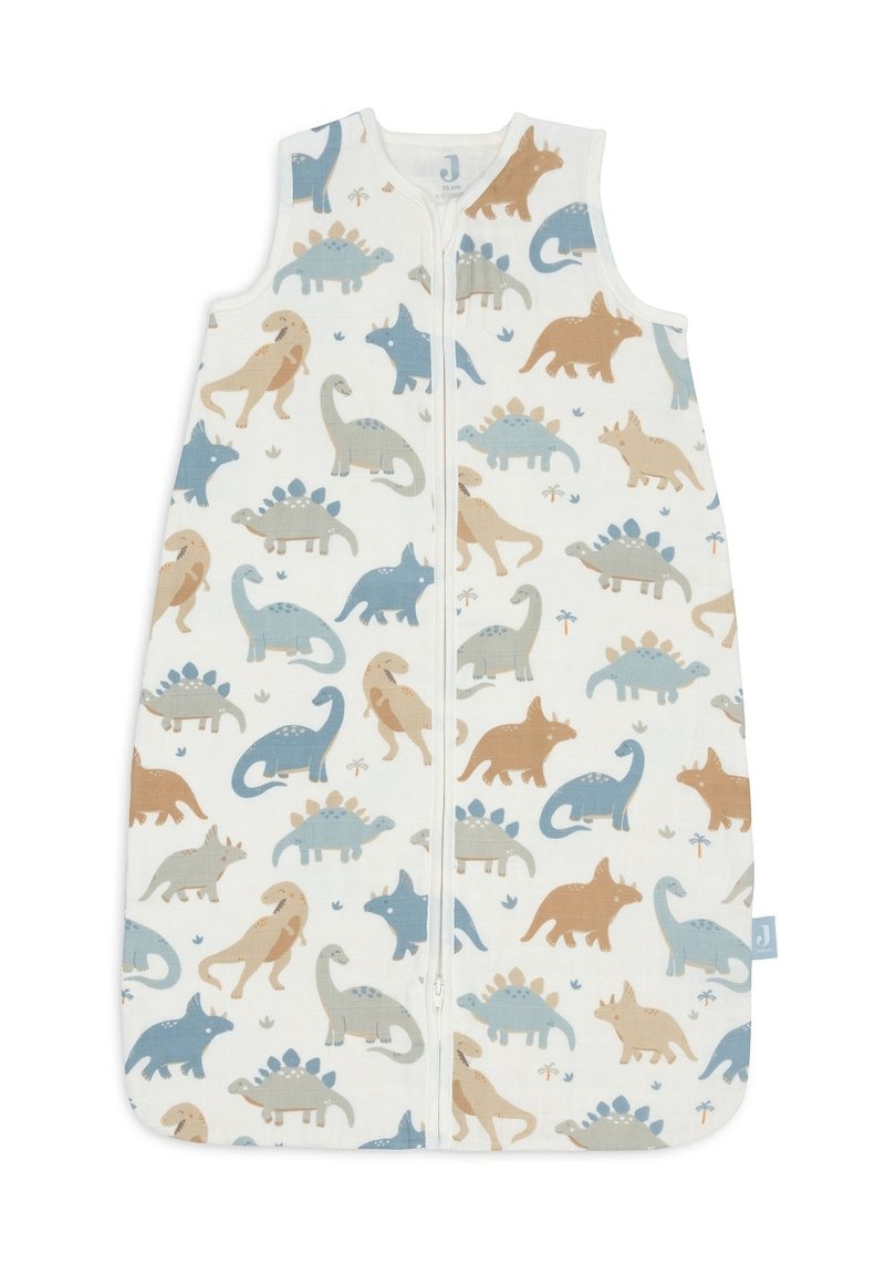 Sac de couchage en coton avec imprimé dinosaure dans des couleurs pastel (bleu, beige, marron) et une fermeture éclair, présentant une texture douce et un design sans manches.
