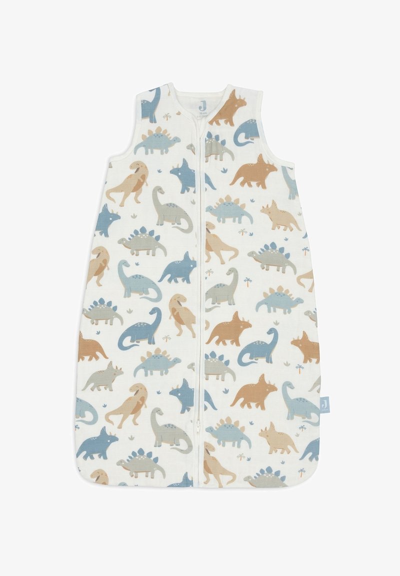 Sac de couchage en coton avec imprimé dinosaure dans des couleurs pastel (bleu, beige, marron) et une fermeture éclair, présentant une texture douce et un design sans manches.