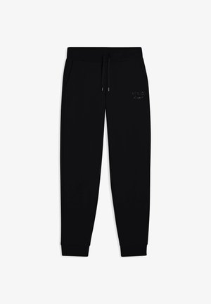 Un pantalon de survêtement noir en tissu doux doté d'une taille élastique avec cordon de serrage, de poches latérales et de poignets côtelés. Accent logo subtil à l'avant.