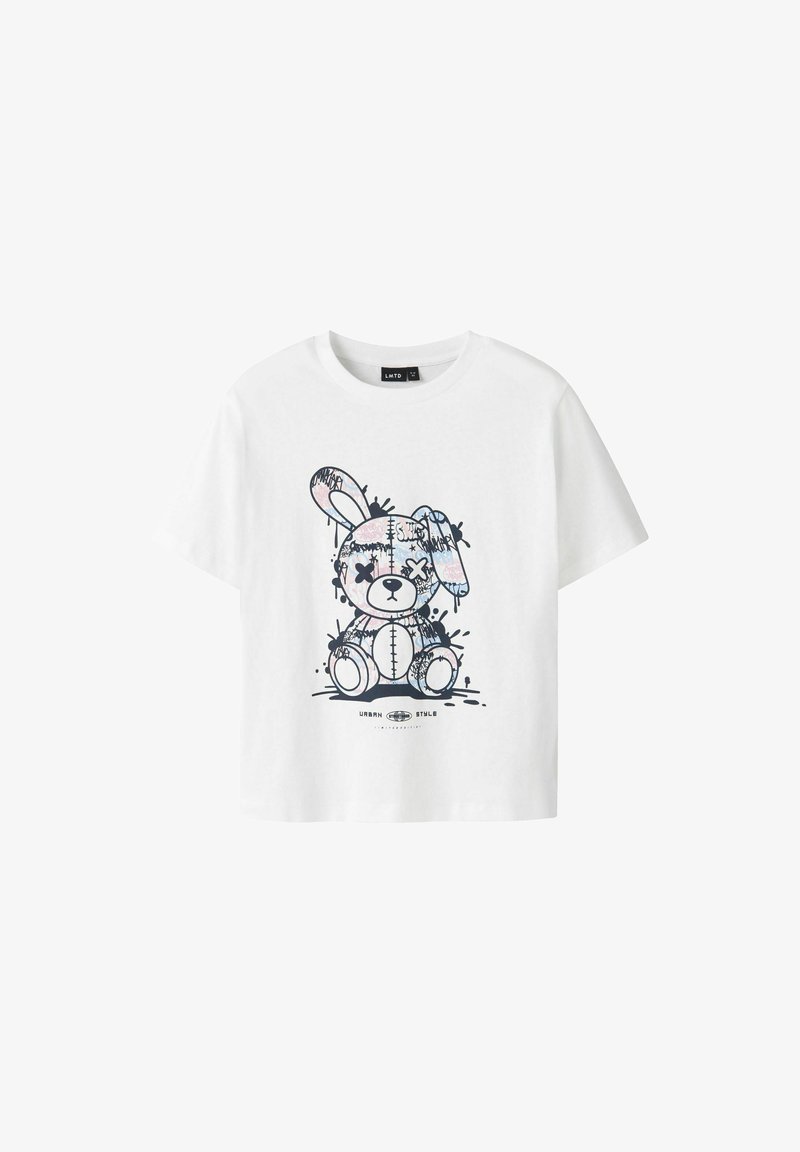 T-shirt en coton blanc avec un graphisme d'un lapin en dessin animé, présentant des détails cousus et des éclaboussures, col rond et manches courtes.