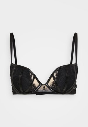 Soutien-gorge noir avec des bonnets en dentelle et une bordure lisse de type satin, armatures intégrées et bretelles réglables. L'accent central est orné d'un détail doré.