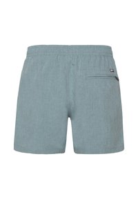 Hellblaue Freizeitshorts mit elastischem Bund und einer Reißverschlusstasche auf der Rückseite rechts.