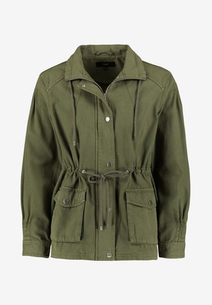 Veste en coton vert avec taille à cordon, fermetures éclair et boutons-pression, deux poches avant et col. Tissu texturé pour une durabilité améliorée.
