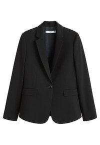 Blazer noir à un bouton avec revers crantés, deux poches avant à rabat et manches longues, confectionné dans un tissu lisse.