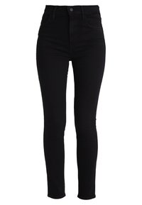 Svarta högmidjade skinny jeans i denim med en slät textur, med en knappstängning fram och kontrasterande sömnadsdetaljer.