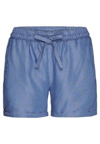 Jeansshorts med elastisk midja, snörning, uppvikta benändar och ljusblå färg. Slät textur med subtil lyster.