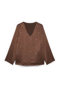 Maglietta marrone a maniche lunghe con scollo a V, texture liscia e borchie argentate distribuite uniformemente sulla parte anteriore.