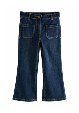 Dark blue denim jeans with front patch pockets, button closure, and slightly flared legs, displayed on a white background.