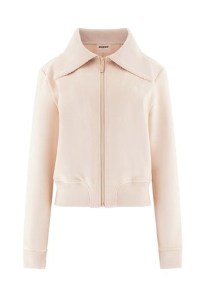 Cropped ritsjack in zachtroze stof, met een brede geribbelde kraag, geribbelde manchetten en zijkantaccenten. Subtiel logo op de borst.