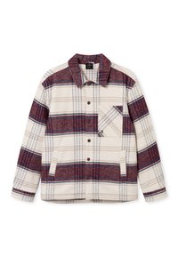 Jachetă din cămașă cu model tartan în crem, maron și albastru. Dispune de închidere cu butoane, guler și un buzunar pe piept. Fabricată dintr-un material moale.