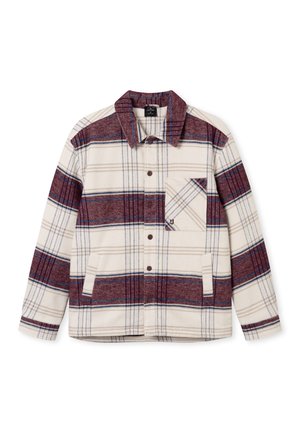 Košile s kapsou a límcem, vzorovaná károvaným potiskem v krémové, vínové a modré barvě. Zapínání na knoflíky. Vyrobena z jemného materiálu.