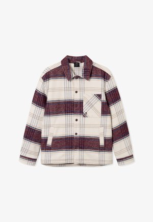 Plaid patterned shirt jacket in cream, maroon, and blue. Features button closure, collar, and a chest pocket. Made of soft fabric.