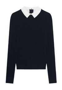 Dunkelblauer Strickpullover mit einem weißen Kragen, der ein strukturiertes Muster sowie gerippte Bündchen und Saum aufweist.