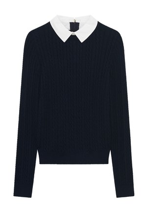 Marineblauwe gebreide trui met een witte kraag, voorzien van een textuurpatroon en geribbelde manchetten en zoom.