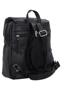 Zaino in pelle nera con finitura texture, dotato di spallacci regolabili, manico superiore e molteplici scomparti con cerniera per lo stoccaggio.