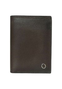 Portafoglio in pelle marrone, superficie texturizzata, design bifold, accento metallico nell'angolo inferiore destro, cuciture ordinate lungo i bordi.