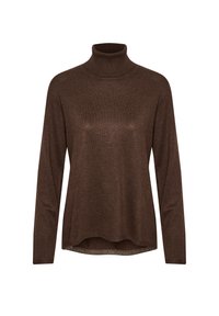 Pull en col roulé marron, confectionné en tissu tricoté doux. Présente des manches longues, un col haut, et une coupe décontractée avec un bas d'arrière légèrement plus long.