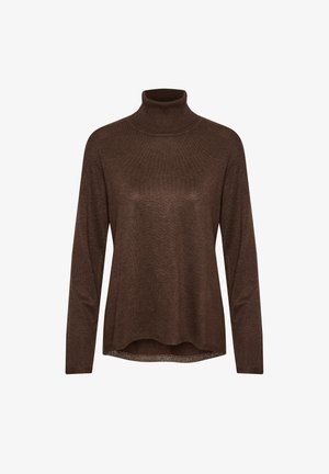 Brun højhalset sweater, lavet af blød strikket stof. Har lange ærmer, en høj krave og en afslappet pasform med en lidt længere bagkant.