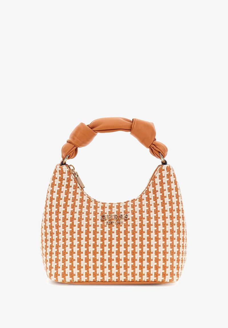 Kootud oranž ja valge käekott, millel on sõlmitud nahk käepide ja kuldne logo detail. Kumer kuju ning luku sulgemine peal.