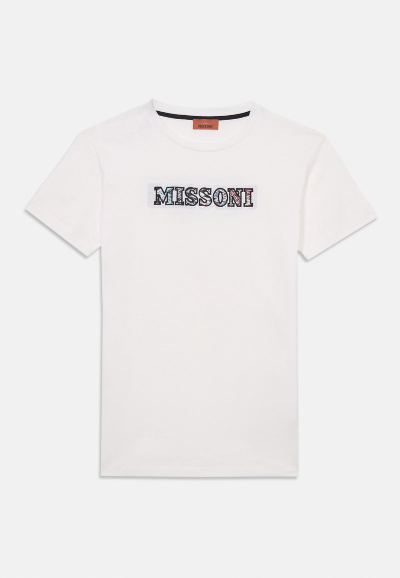T-shirt de algodão branco com um logótipo texturizado "MISSONI" em bordado multicolorido na frente, decote redondo e mangas curtas.