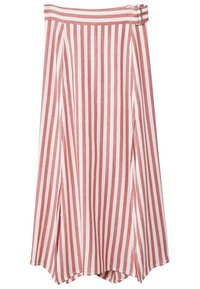 Jupe à rayures rouges et blanches en tissu, dotée d'une taille haute avec une boucle et d fentes sur les côtés, avec un ourlet fluide.