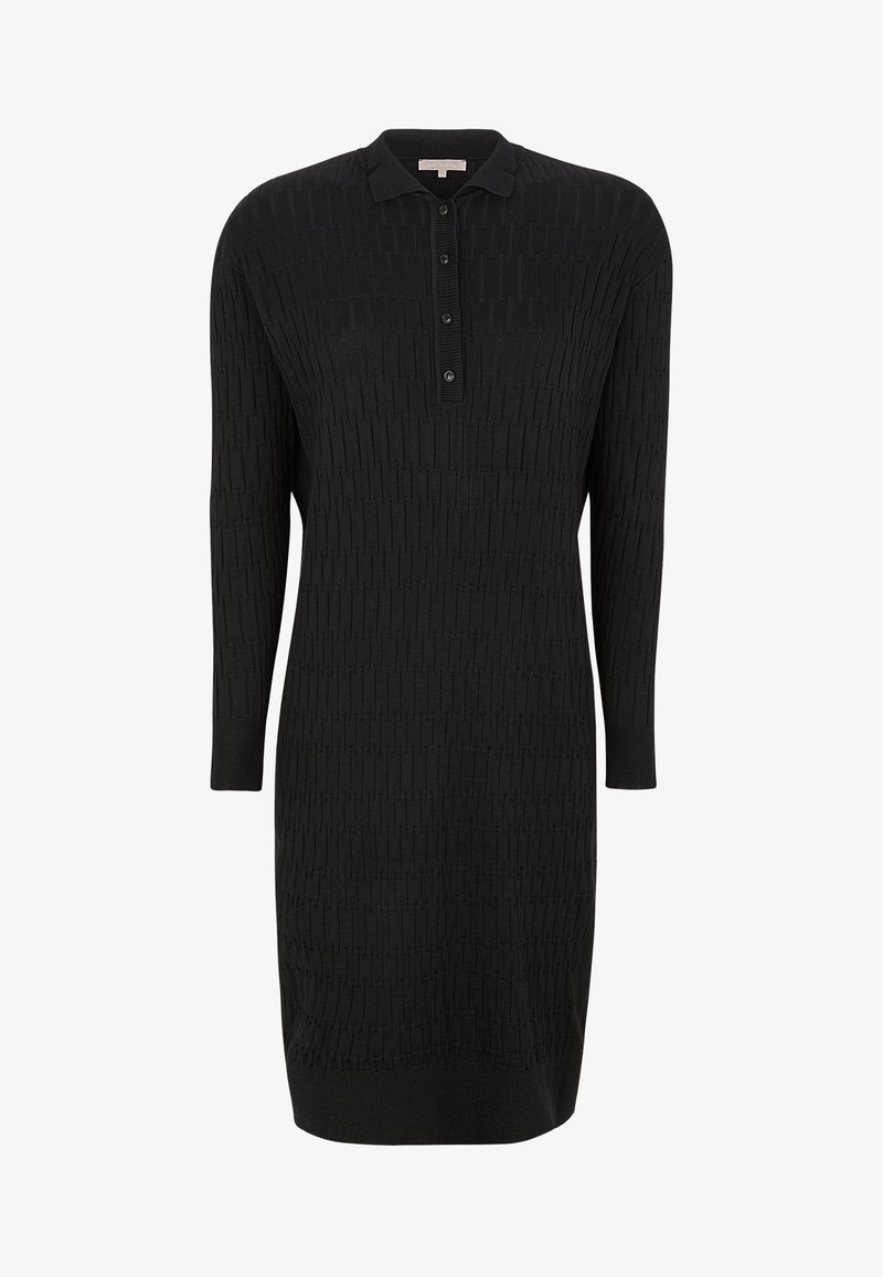 Robe noire en maille avec col polo, manches longues, boutonnage sur le devant, motif texturé et silhouette droite, conçue pour une coupe ajustée.