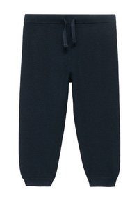 Pletene hlače v temno modri barvi, s rebrastim pasom z vrvico, zoženimi manšetami in teksturirano tkanino.