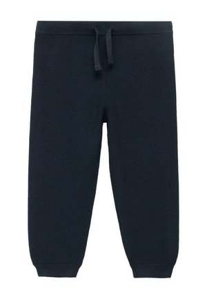 Pantaloni a maglia in blu scuro, con vita a coste e cordoncino, polsini affusolati e tessuto texturizzato.