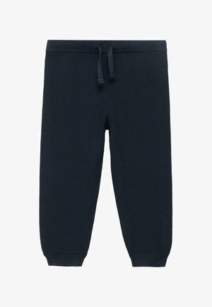 Pantalons en tricot bleu foncé, avec une taille côtelée et un cordon de serrage, des poignets fuselés et un tissu texturé.