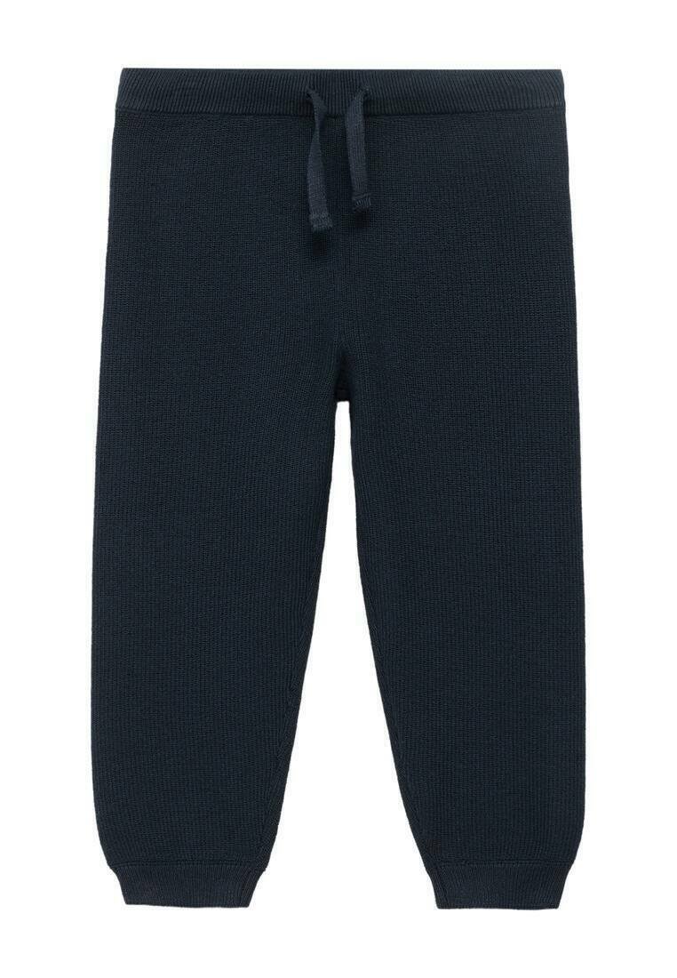 Pletene hlače v temno modri barvi, s rebrastim pasom z vrvico, zoženimi manšetami in teksturirano tkanino.