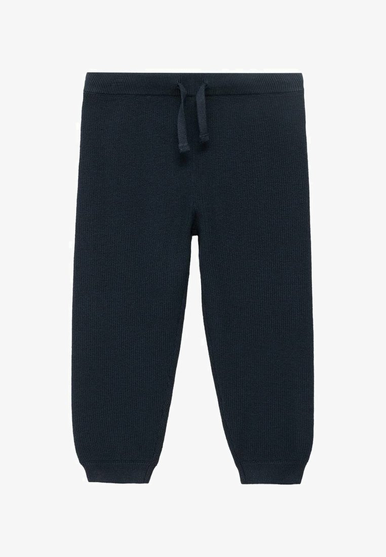 Traperice u tamnoplavoj boji, s rebrastim pojasom s vezicom, sužavajućim manžetama i teksturiranim materijalom.