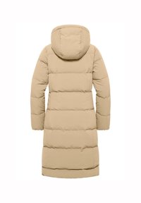 Beige vadderad jacka med luva, med ett quiltat mönster, långa ärmar och en knälång silhuett. Mjuk textur och len finish.