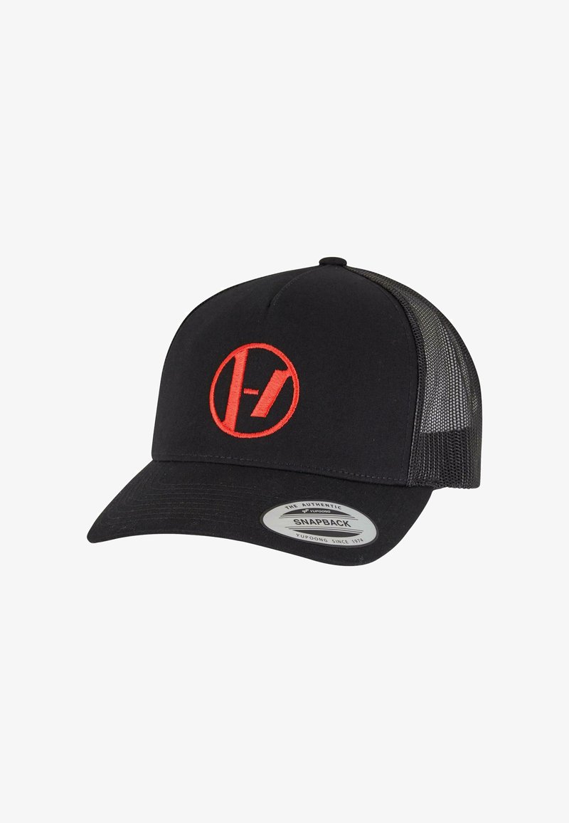 Black snapback cap with mesh side panels, featuring a red circular logo on the front. Flat brim design and adjustable back closure.