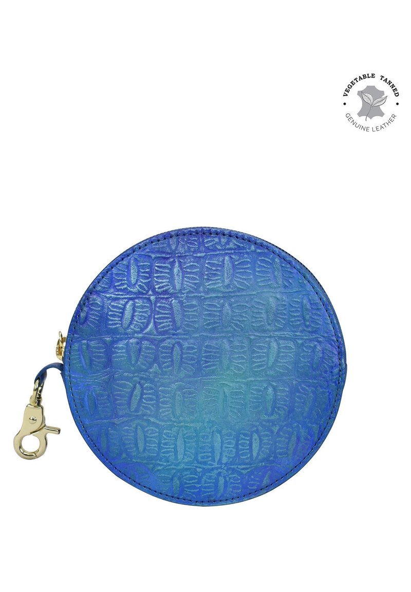 Runde blaue Leder-Münztasche mit eingeprägtem Krokodilmuster, Reißverschluss und goldfarbenem Metallverschluss.