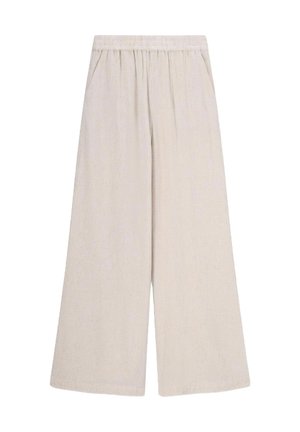 Beige wide-leg pants with an elastic waistband, made from lightweight fabric. Features side pockets and a smooth, untextured surface.