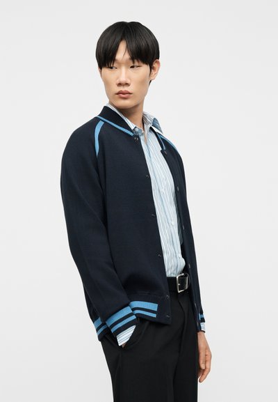 Νέος άνδρας με μαύρα μαλλιά που φοράει μία μπλε ναυτική ζακέτα με ανοιχτογαλανές ρίγες πάνω από ένα ριγέ πουκάμισο με κουμπιά, στέκεται μπροστά σε απλό φόντο.