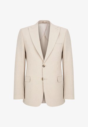 Beżowa marynarka w paski wykonana z fakturowanej tkaniny, z wyciętym kołnierzykiem, dwoma guzikami, przednimi kieszeniami oraz jedną kieszenią na piersi.