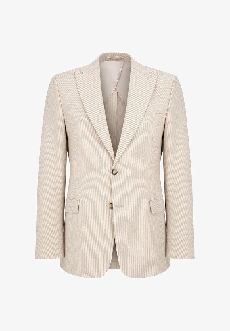 Beżowa marynarka w paski wykonana z fakturowanej tkaniny, z wyciętym kołnierzykiem, dwoma guzikami, przednimi kieszeniami oraz jedną kieszenią na piersi.