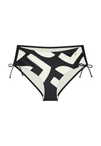 Czarny i kremowy kostium bikini o wzorze z regulowanymi wiązaniami po bokach, z geometrycznym wzorem i gładką teksturą.