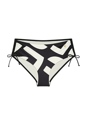 Czarny i kremowy kostium bikini o wzorze z regulowanymi wiązaniami po bokach, z geometrycznym wzorem i gładką teksturą.