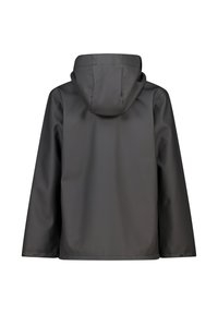 Waterproof black jacket with a hood, featuring smooth texture, long sleeves, and snap-button accents on the cuffs. Back view shown.