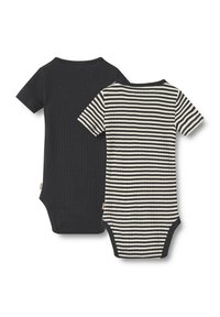 Två kortärmade bodysuits: en i hel svart ribbad tyg, den andra med ett svart och krämfärgat randigt mönster, båda med tryckknappar i botten.