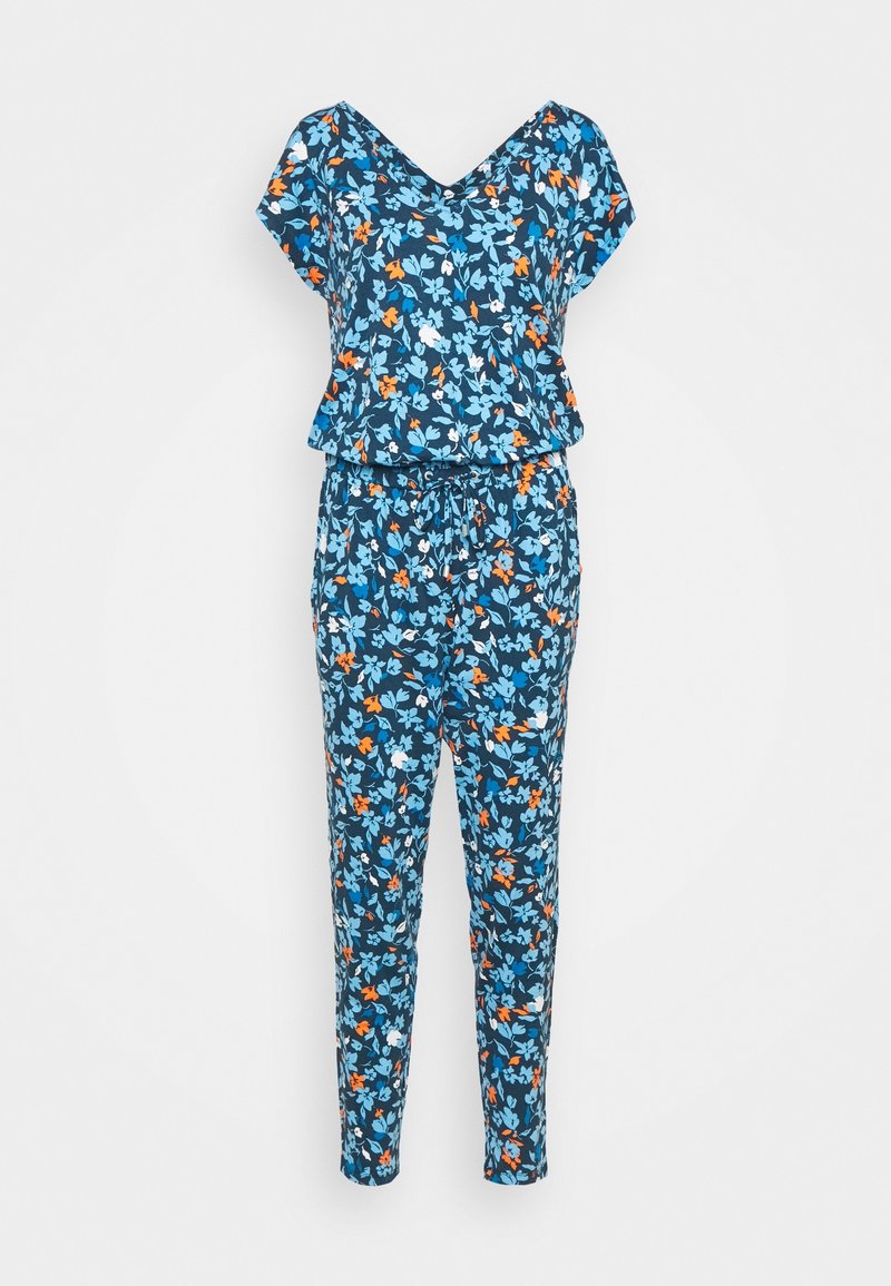 Combinaison bleu à manches courtes et col en V, avec un motif floral multicolore en bleu clair, blanc et orange.