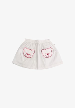 Gonna bianca per bambini con vita arricciata e due disegni di facce di orsetto con contorno rosso sulle tasche anteriori.