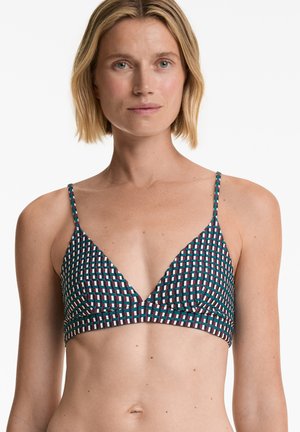 Trojuholníkový bralet s tenkými ramienkami; obsahuje tkaný vzor v námorníckej modrej, teal a bielej farbe, s hlbokým výstrihom a elastickým pásom pre podporu.