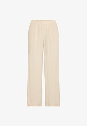 Lösa, ljusbeiga byxor med elastisk midja, med en slät textur och raka ben. Inga synliga fickor eller utsmyckningar.